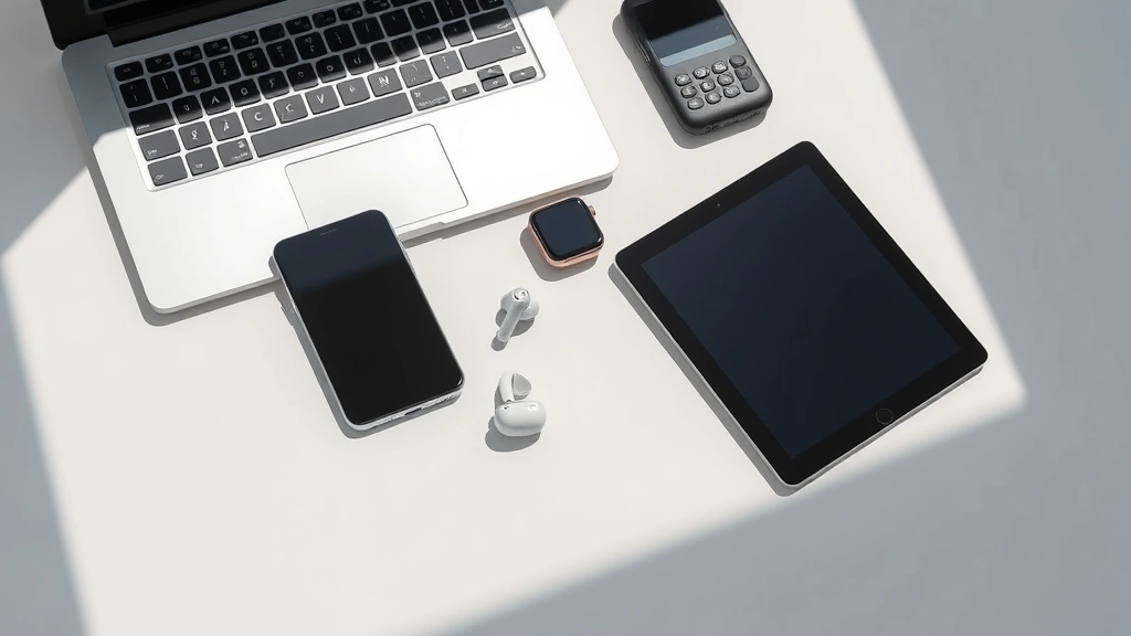 Modern tech gadgets arranged on a minimalist workspace—laptop, smartphone, tablet, wireless earbuds, smartwatch—in natural daylight with clean shadows