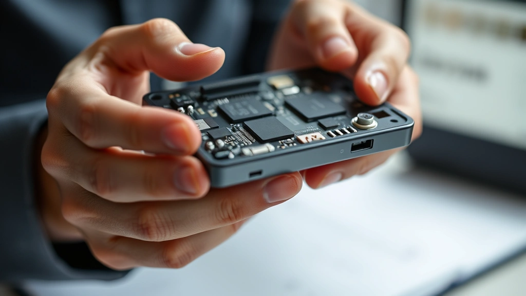 Hands holding and examining a sleek electronic device with visible build quality details, premium materials, and craftsmanship up close