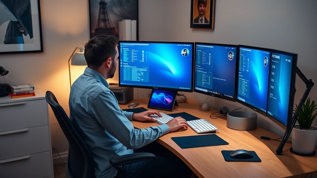 Person working at a desk surrounded by multiple integrated tech devices working together seamlessly in a productive home office setup
