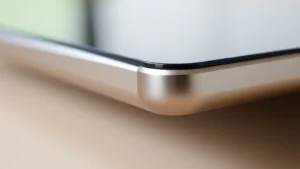 Close-up of sleek smartphone or tablet showing premium metal and glass materials, angled to emphasize build quality and design details