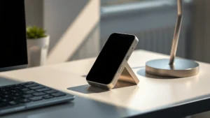 Premium tech gadget displayed on minimalist desk with soft natural lighting, showing sleek design and metallic finish details