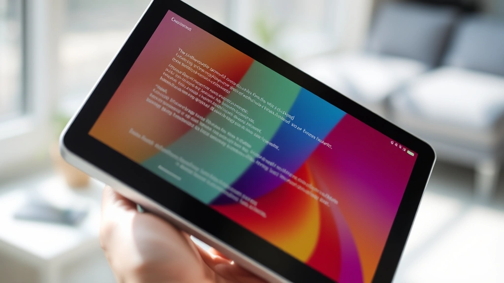 Close-up of device screen displaying vibrant colors and sharp text, held at comfortable angle in natural daylight