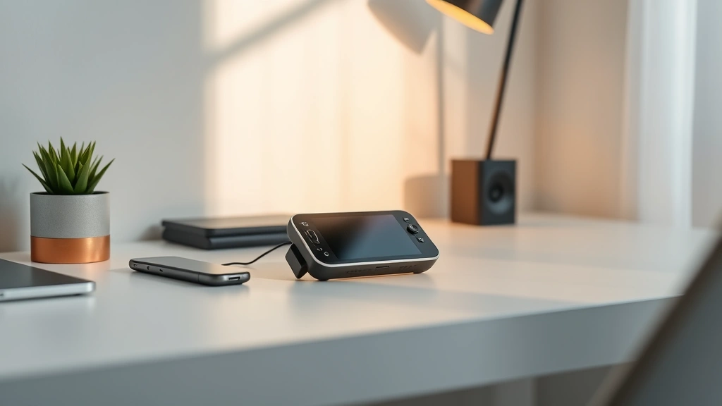 Tech gadget on minimalist desk with soft natural lighting, showing product in everyday use context with clean aesthetic