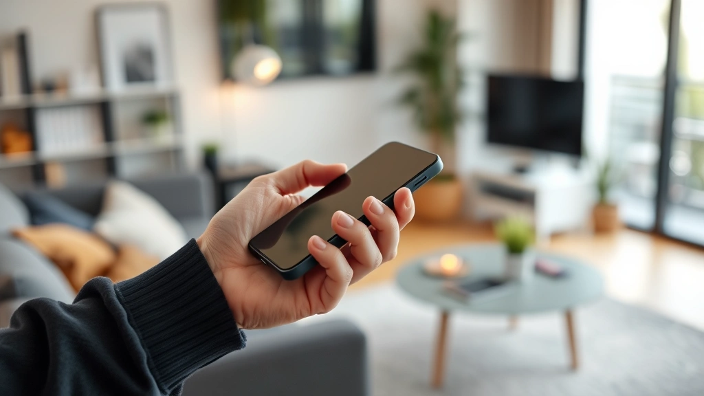 Tech gadget in everyday use scenario, hand holding device naturally with blurred background of modern workspace or living room
