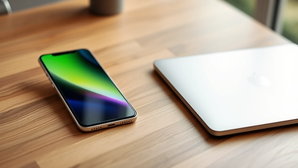 Sleek modern smartphone and laptop arranged on minimalist wooden desk with soft natural lighting, shallow depth of field, professional product photography style