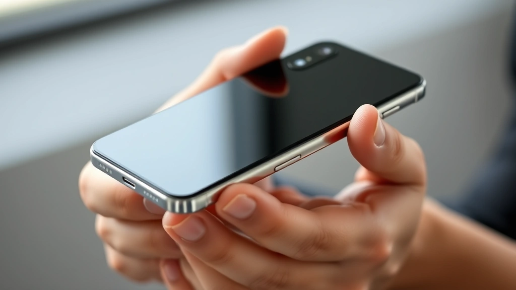 Close-up of hands holding a sleek aluminum smartphone with curved edges, natural lighting showing the premium build quality and materials