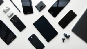 Professional product photography of multiple tech gadgets arranged on a clean white desk surface, including smartphones, tablets, and wireless earbuds, natural studio lighting, top-down perspective