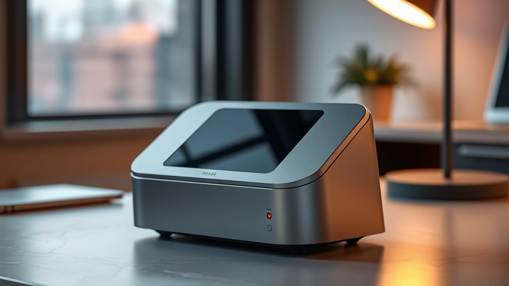 Premium tech gadget with metallic finish displayed on minimalist desk surface with warm lighting