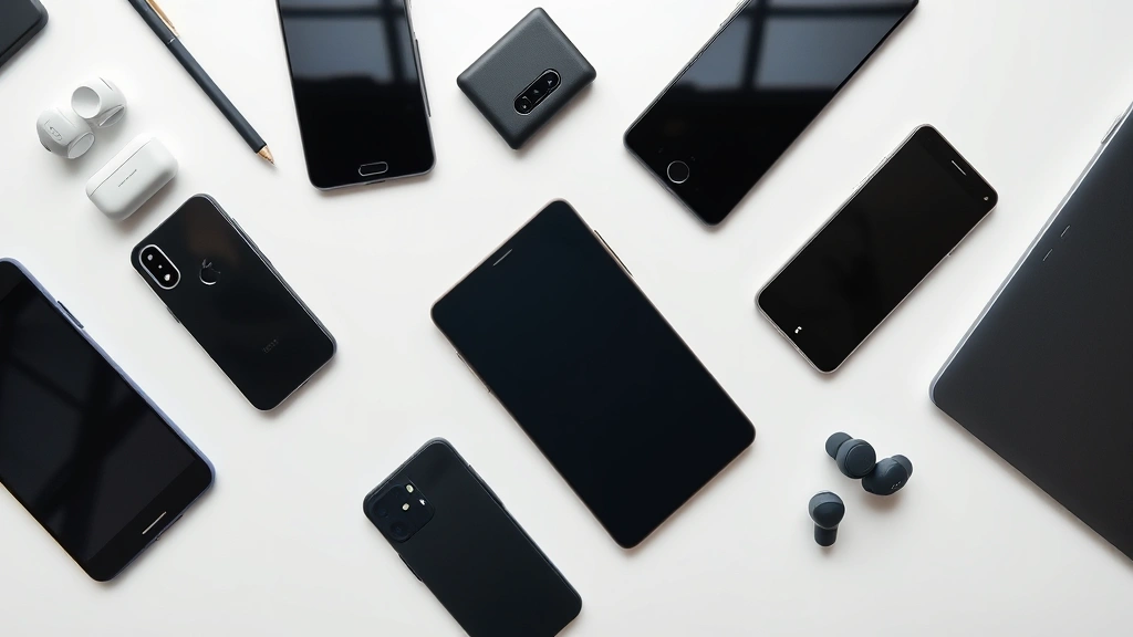 Professional product photography of multiple tech gadgets arranged on a clean white desk surface, including smartphones, tablets, and wireless earbuds, natural studio lighting, top-down perspective