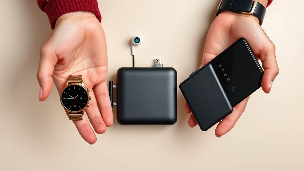 Hands holding various tech gadgets including smartwatch, earbuds, and portable charger against neutral background, lifestyle technology photography