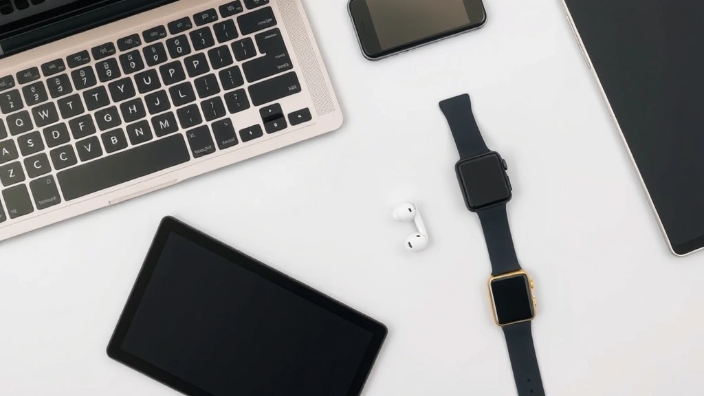 Flat lay of multiple tech devices arranged together - laptop, tablet, wireless earbuds, and smartwatch showing ecosystem integration