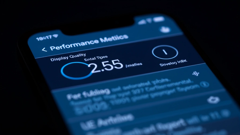 Close-up of smartphone screen displaying performance metrics and system information, backlit with blue light, shallow depth of field focusing on display quality
