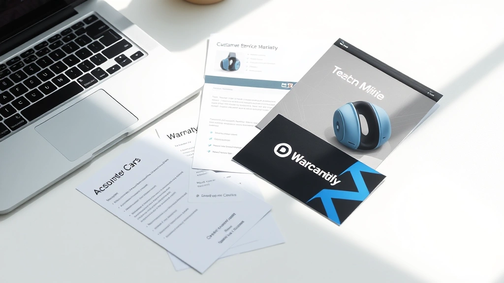 Tech gadget warranty cards and documentation spread out with a laptop in soft natural light, showing customer service and support materials, minimalist composition