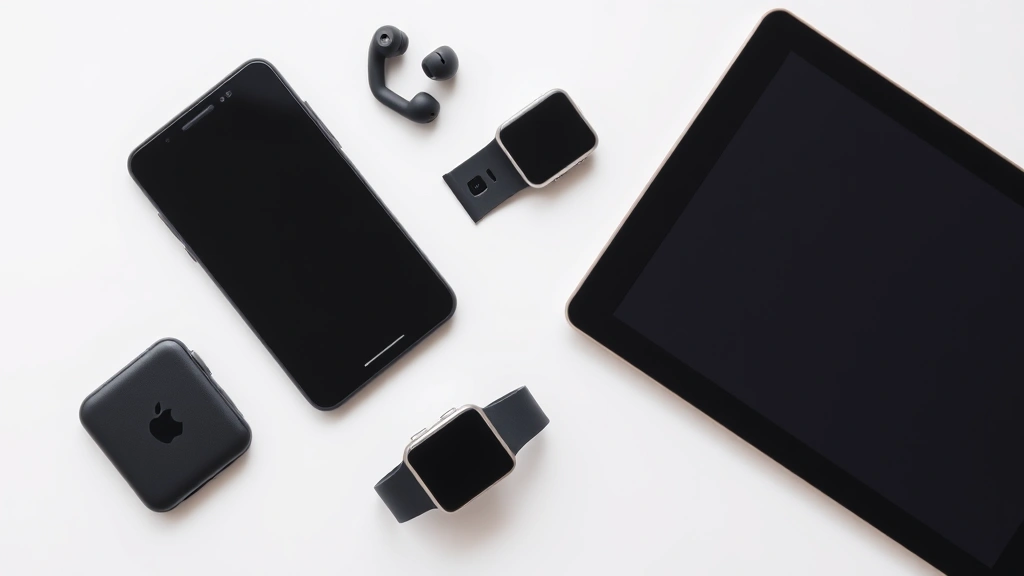 Flat lay of modern tech gadgets including smartphone, earbuds, smartwatch, and tablet arranged on minimalist white background with clean shadows