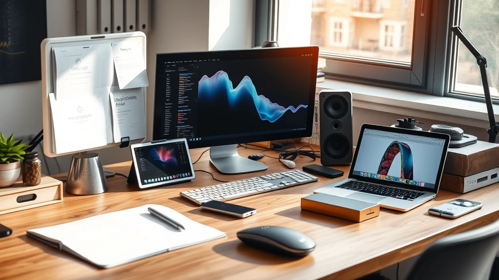 Organized workspace desk setup with multiple gadgets working together, natural lighting highlighting materials and textures of devices