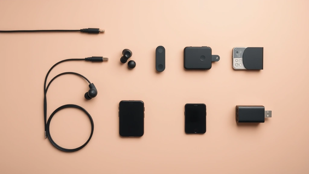 Flat lay arrangement of device with wireless earbuds, charging cable, and accessories on neutral background, studio lighting showcasing premium materials