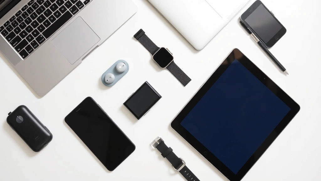 Flat lay of various tech gadgets arranged neatly: smartphone, wireless earbuds, smartwatch, laptop, tablet on a clean white desk surface with natural lighting