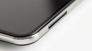 Close-up of premium device showing metal and glass construction with refined edges and smooth finish, professional product photography against neutral background