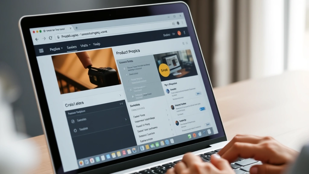 Close-up of someone comparing product specs on a laptop screen with multiple browser tabs open, hands typing, modern minimalist workspace