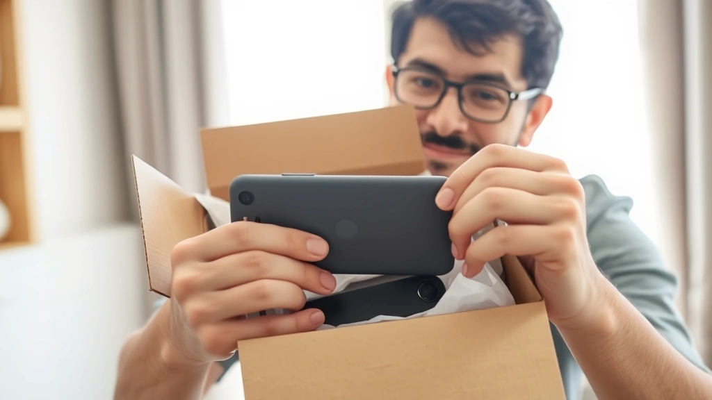 Person unboxing a new tech gadget with genuine excitement, opening cardboard box with tissue paper, product visible inside, bright natural window light