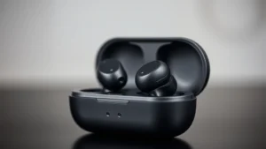 Close-up of premium true wireless earbuds with charging case, minimalist design, soft focus background, professional lighting highlighting the matte finish and charging contacts