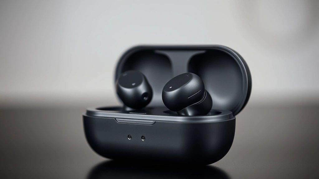 Close-up of premium true wireless earbuds with charging case, minimalist design, soft focus background, professional lighting highlighting the matte finish and charging contacts