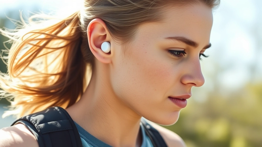 Person wearing wireless earbuds during outdoor activity, dynamic motion, natural sunlight, earbuds clearly visible, active lifestyle context, no visible screen or UI