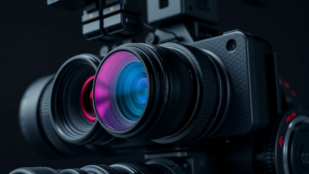 Close-up of advanced camera system on tech gadget with multiple lenses, photorealistic detail showing glass elements and precision engineering against dark background