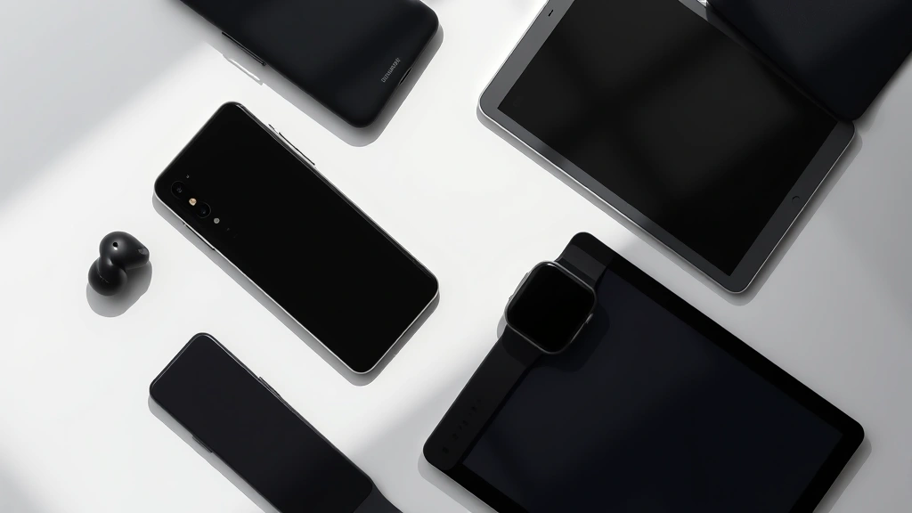 Flat lay of multiple modern tech gadgets including smartphone, wireless earbuds, smartwatch, and tablet arranged on minimalist white surface with shadows, professional product photography lighting