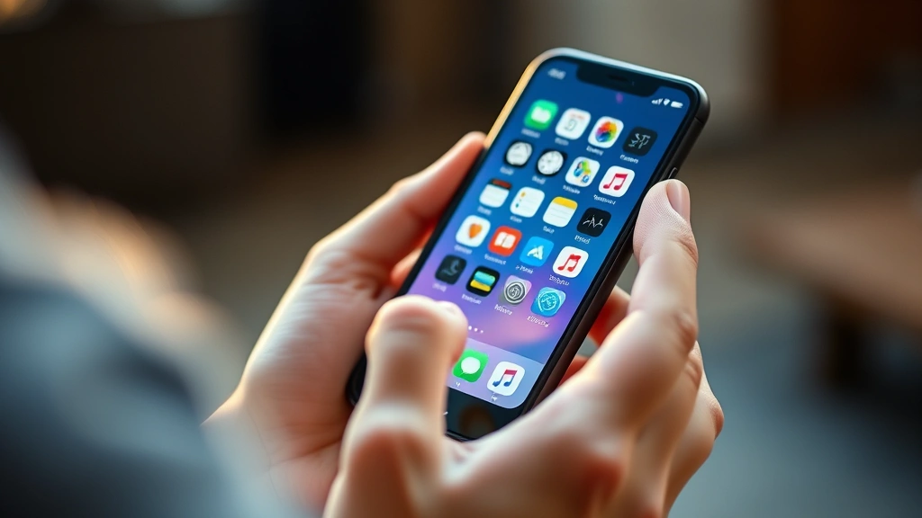 Close-up of hands holding a sleek smartphone displaying colorful app icons, warm natural lighting, shallow depth of field focusing on device screen and user interaction
