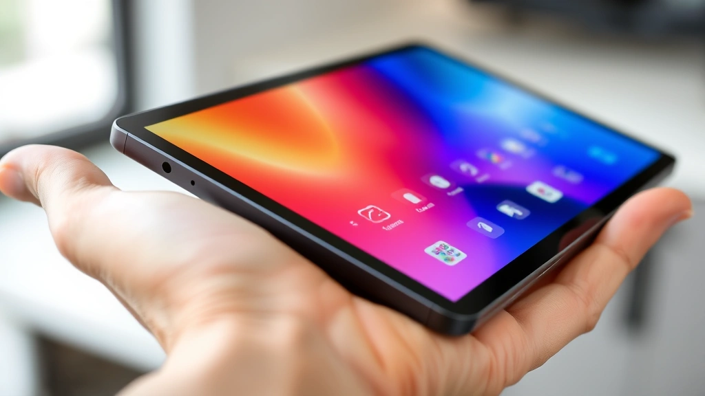 Side view of sleek modern tech device displaying vibrant color screen and button placement, held in hand showing scale and ergonomics