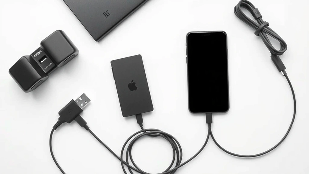 Flat lay of gadget with charging cable and accessories on minimalist white background, professional tech product shot