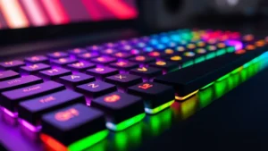 Close-up of gaming laptop keyboard with RGB backlighting, mechanical switches visible, aluminum frame, professional tech photography style, shallow depth of field