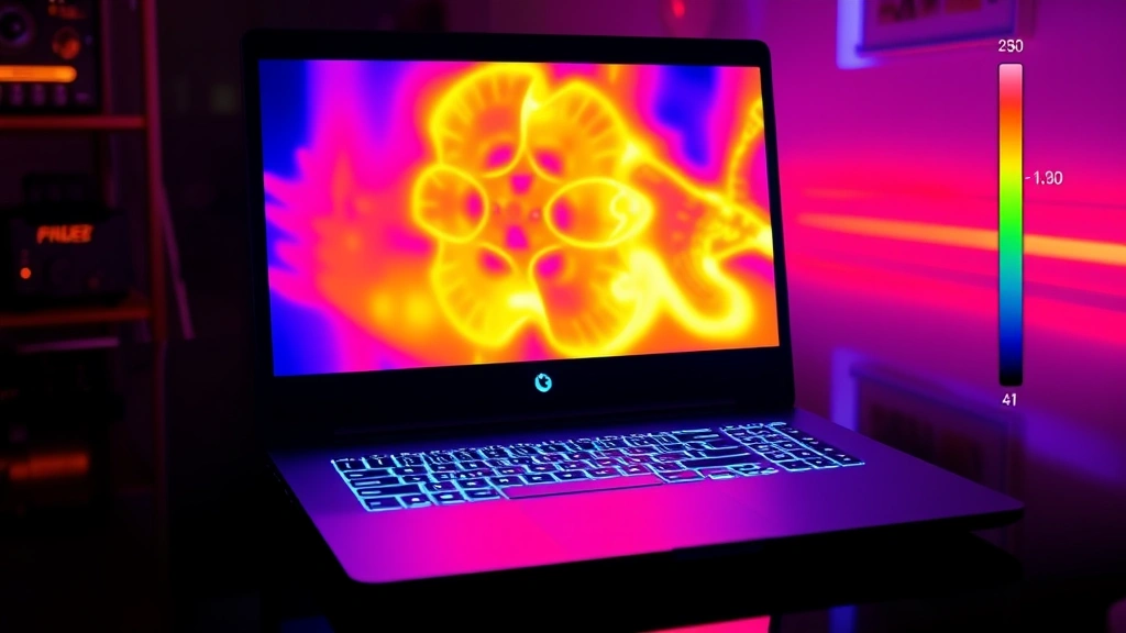 Thermal imaging of gaming laptop showing heat distribution during gameplay, vibrant colors indicating temperature zones, professional tech visualization