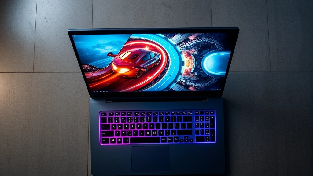 Gaming laptop from above with open display showing smooth gameplay, RGB lighting on keyboard and edges, sleek aluminum design, modern gaming aesthetic