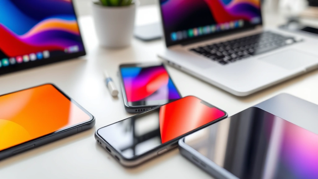 Close-up of various smartphone and laptop displays showing vibrant colors and sharp text, arranged on a minimalist desk setup with natural lighting