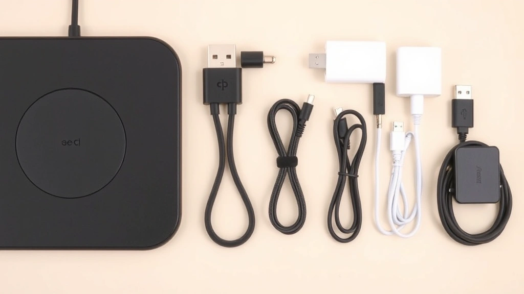 Tech accessories and cables organized neatly, featuring USB-C connectors, wireless charging pads, and various charging cables on a neutral background