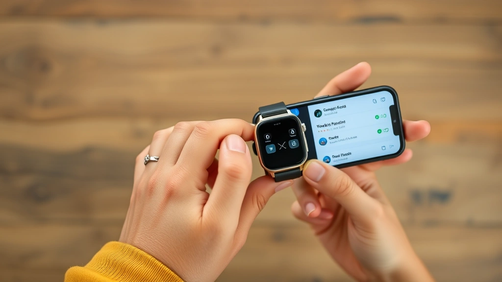 Overhead shot of hands holding premium smartphone and smartwatch together showing seamless ecosystem integration with notification sync visible on both screens