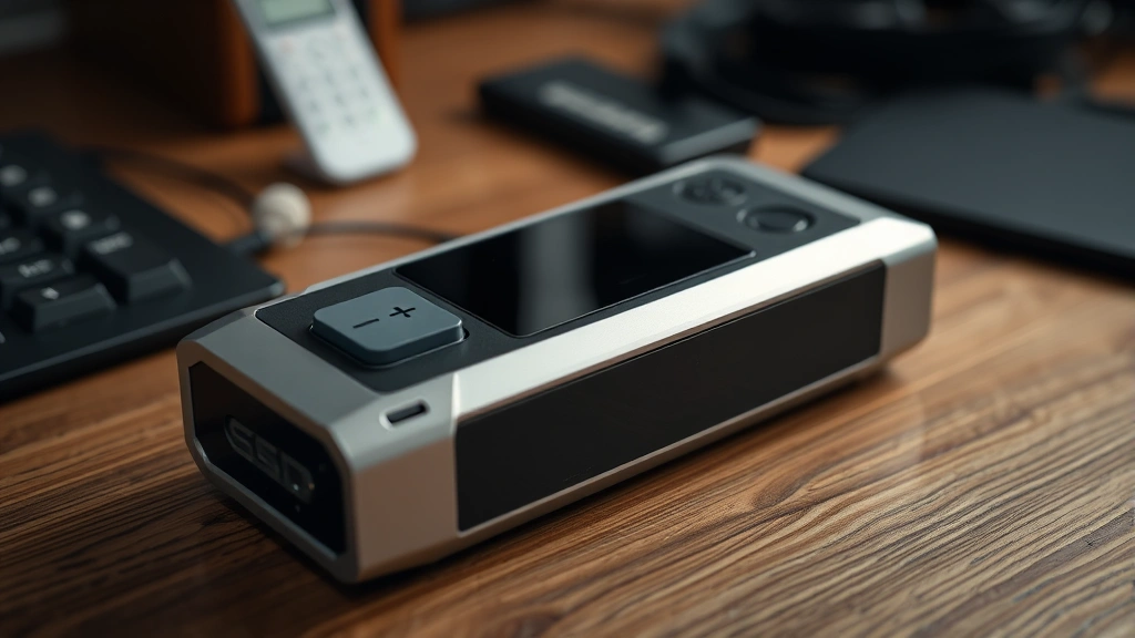 High-end tech gadget with metallic finish on wooden desk, professional product photography, studio lighting, no text or labels visible