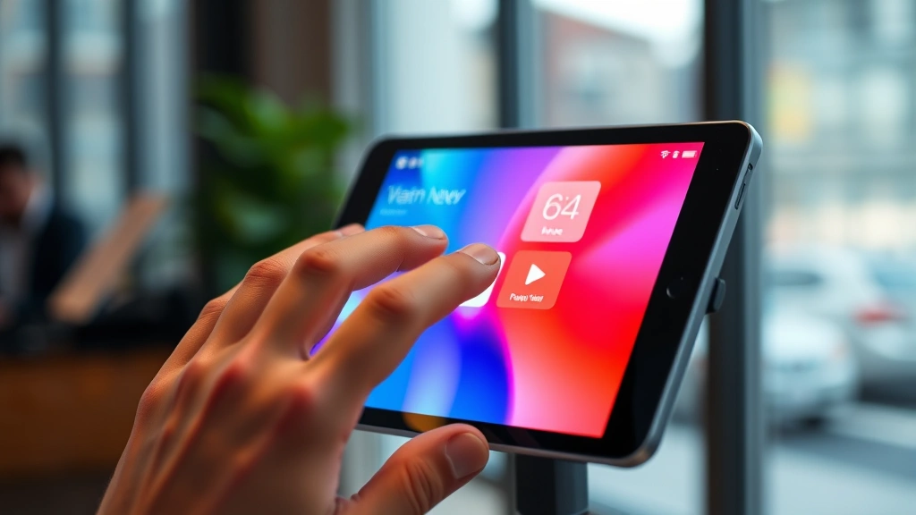 Device display showing vibrant colors and smooth interface in use, hand interaction, realistic indoor setting with ambient lighting, no visible UI text