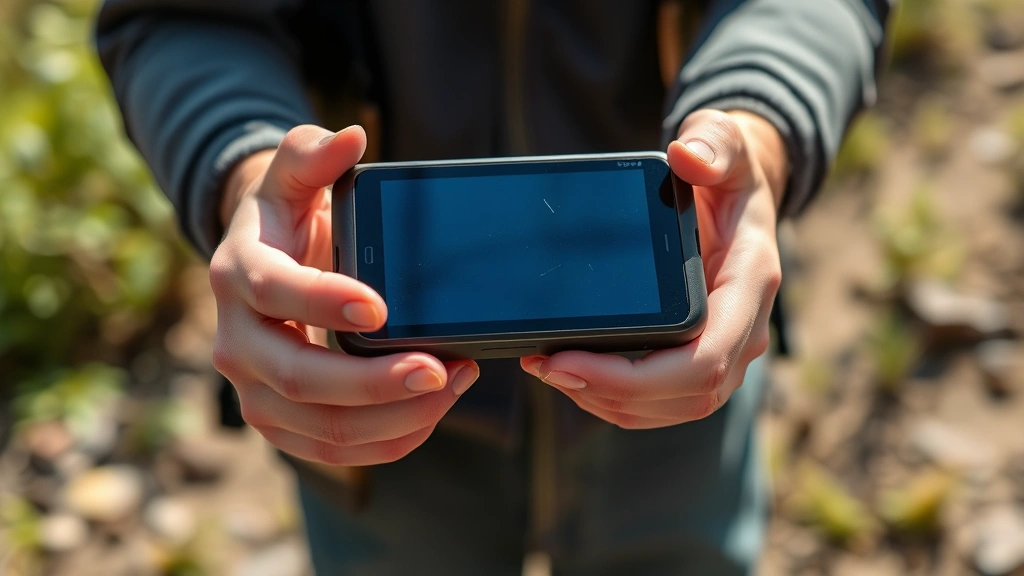 Person's hands holding gadget in natural setting, showing ergonomic grip and compact size, daylight streaming across device, lifestyle tech photography
