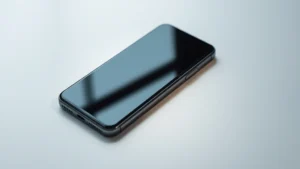 High-end smartphone laid flat on minimalist desk with studio lighting, showing sleek metallic design and premium build quality, no text visible