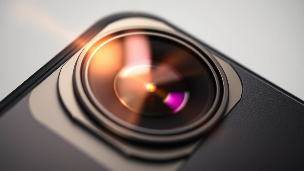 Close-up of smartphone camera module with multiple lenses catching studio light, showing advanced optics and precision engineering, no UI elements