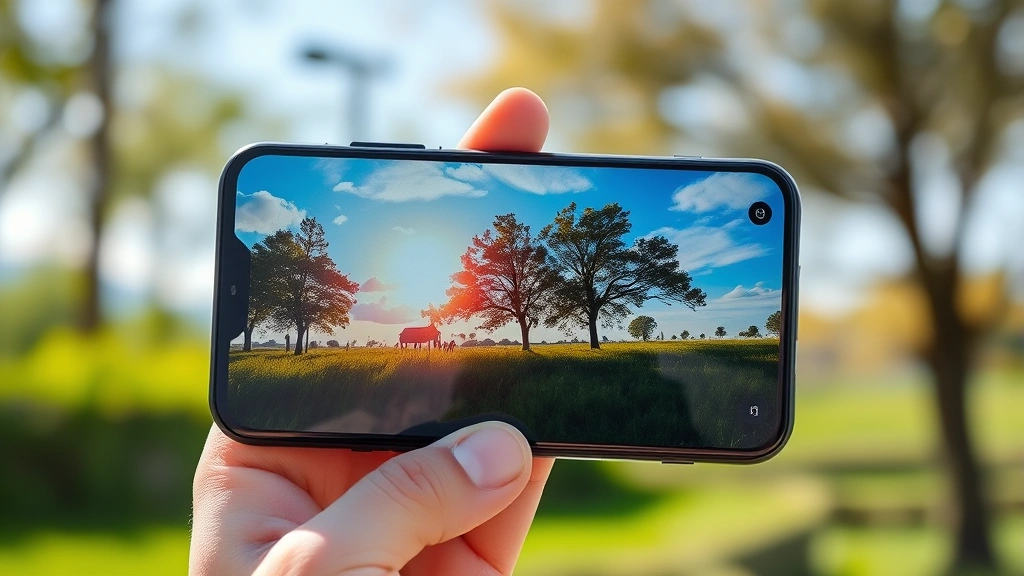 Smartphone displaying vibrant outdoor scene on screen, held in hand against natural daylight, demonstrating display quality and color accuracy, no visible text