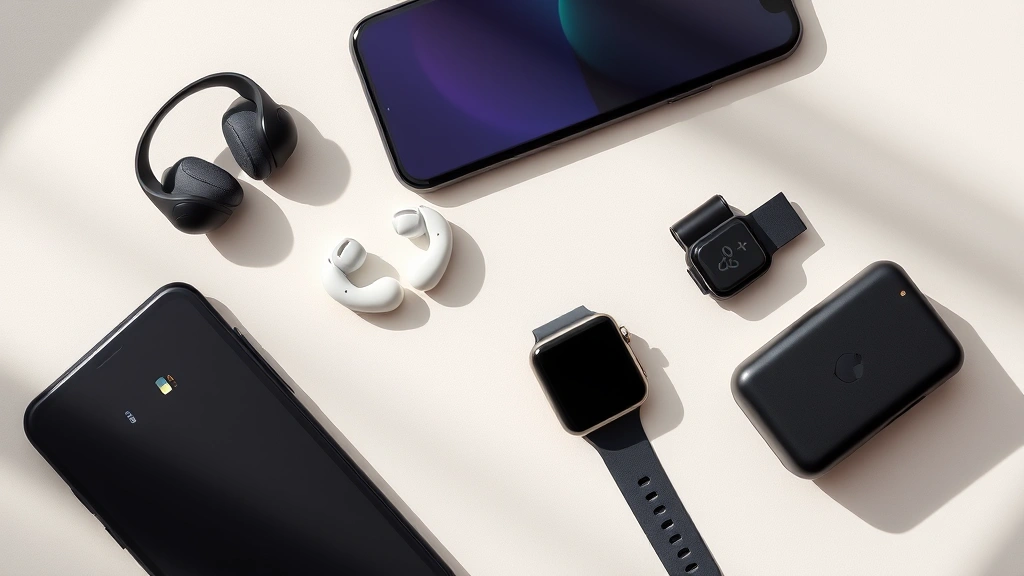 Flat lay arrangement of various modern tech gadgets including smartphone, wireless earbuds, smartwatch, and chargers on neutral background with natural shadows