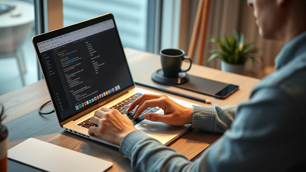 Person using laptop at desk with coffee, showing real-world tech usage scenario and comfort setup