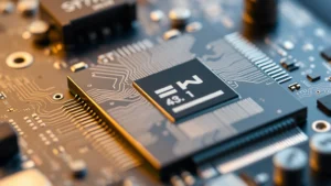Macro shot of smartphone processor chip with circuit patterns and metallic connectors gleaming under studio lighting