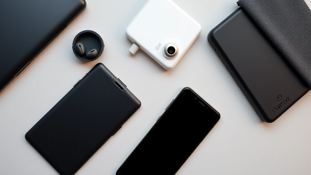 Flat lay of multiple tech gadgets including wireless earbuds, smartwatch, smartphone, and portable charger arranged on desk surface