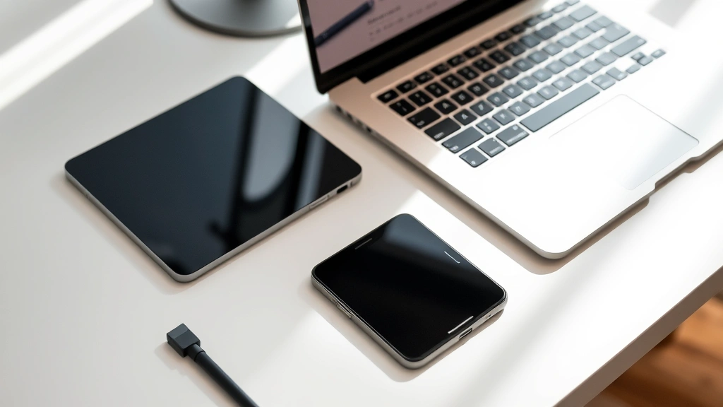 Sleek smartphone and laptop arranged on a clean desk with soft natural lighting, showing modern tech hardware design details and premium materials