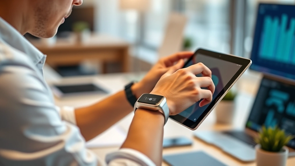 Person using tablet and smartwatch together in a modern workspace, displaying seamless device ecosystem integration and wireless connectivity